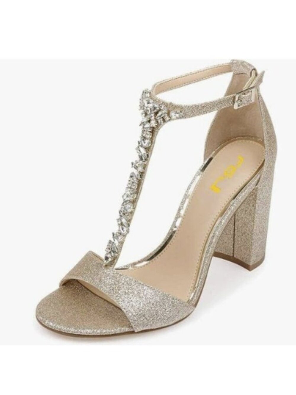 FSJ Women Wedding T Strap Open Toe Sandals Rhinestones Crystal Chunky High Heel